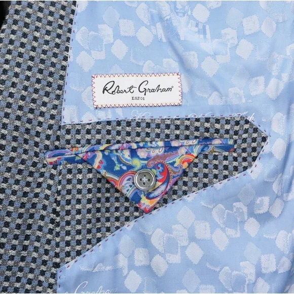 Robert Graham 52R Wool / Linen 50/50 Blend Blue Gray Mini Check Blazer Men's